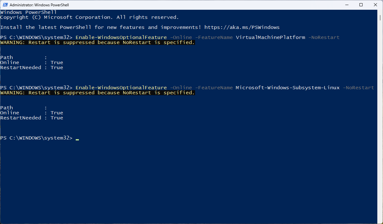 Enable VMP and WSL Features