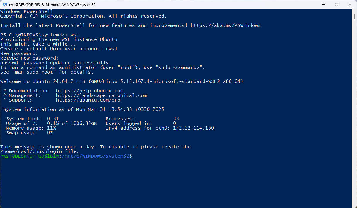 WSL Successfully installed